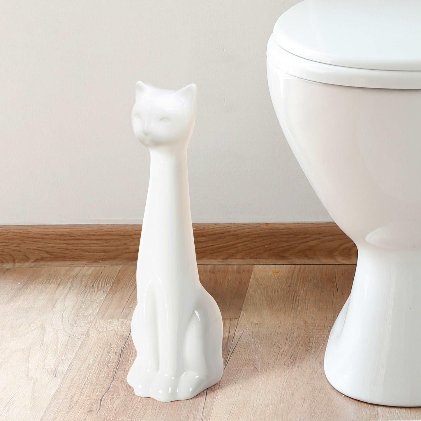 Cat 3-Piece Ceramic Toilet Brush Holder, Plastic Brush and Soap/Lotion Dispenser Set-White - Allure Home Creation