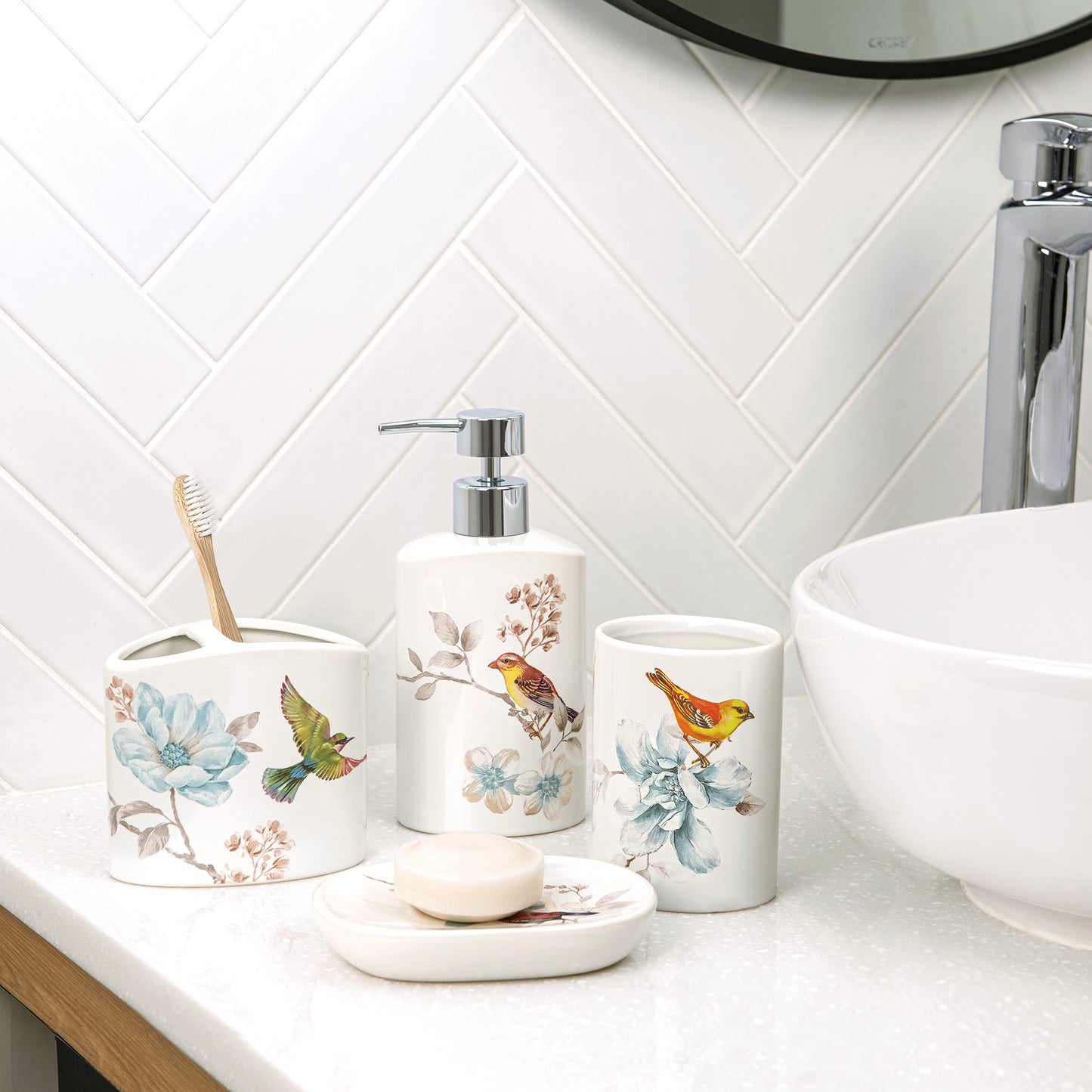 Birds and Botanicals 4-Piece Bathroom Accessory Set