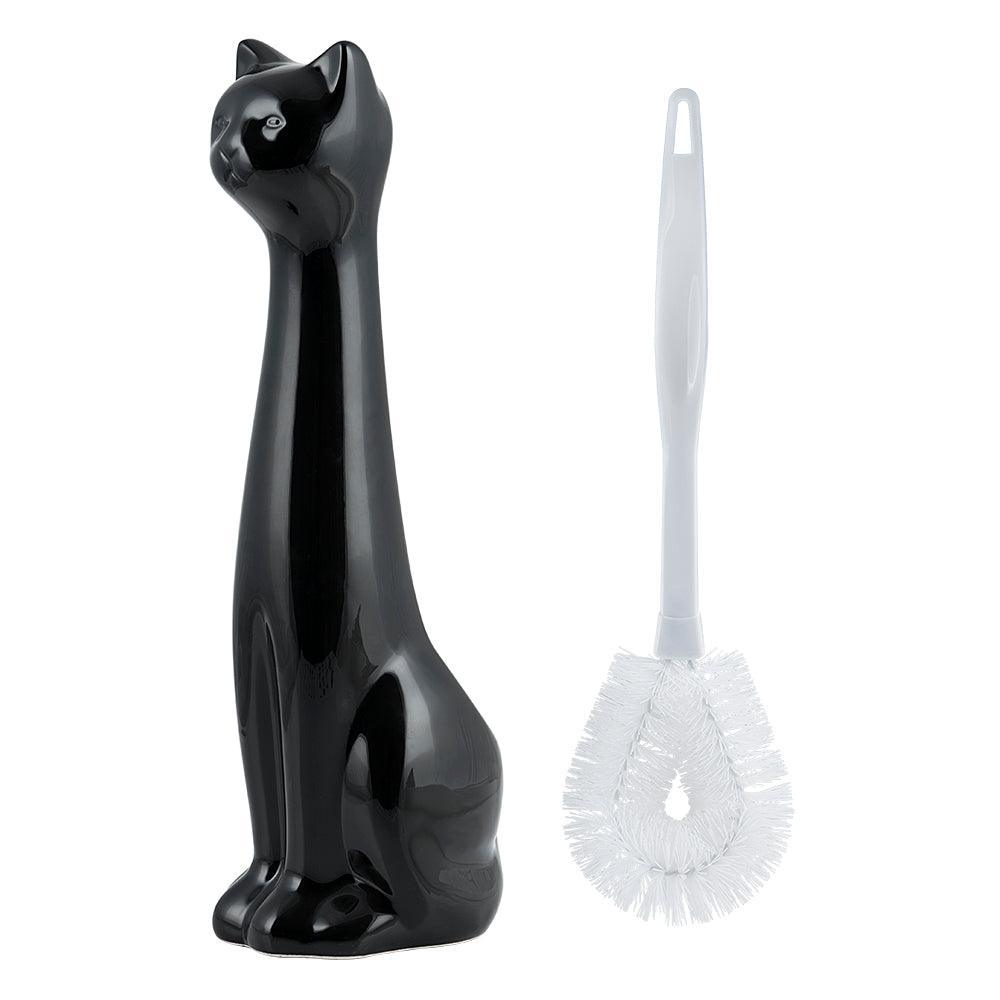 Cat 2-Piece Ceramic Toilet Brush Holder with Plastic Brush Set - Black - Allure Home Creation