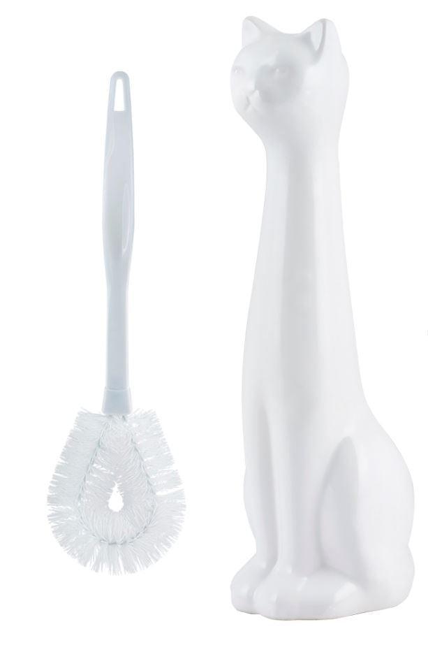 Cat 3-Piece Ceramic Toilet Brush Holder, Plastic Brush and Soap/Lotion Dispenser Set-White - Allure Home Creation