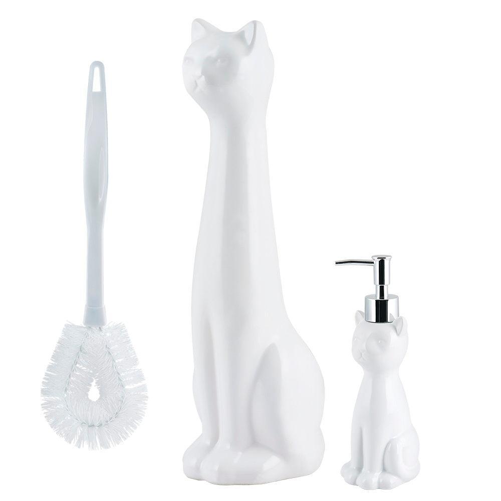 Cat 3-Piece Ceramic Toilet Brush Holder, Plastic Brush and Soap/Lotion Dispenser Set-White - Allure Home Creation