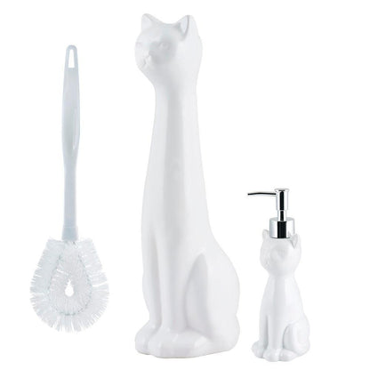 Cat 3-Piece Ceramic Toilet Brush Holder, Plastic Brush and Soap/Lotion Dispenser Set-White - Allure Home Creation