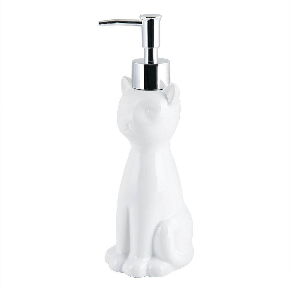 Cat 3-Piece Ceramic Toilet Brush Holder, Plastic Brush and Soap/Lotion Dispenser Set-White - Allure Home Creation