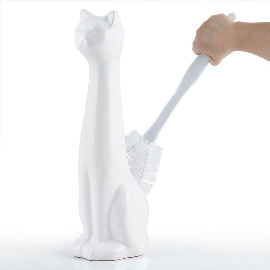 Cat 2-Piece Ceramic Toilet Brush Holder with Plastic Brush Set - White - Allure Home Creation
