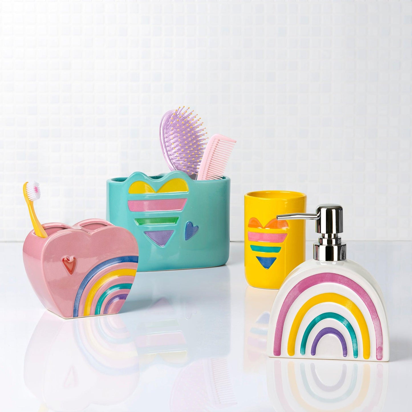 Rainbow Hearts 4-Piece Bathroom Accessory Set - Allure Home Creation