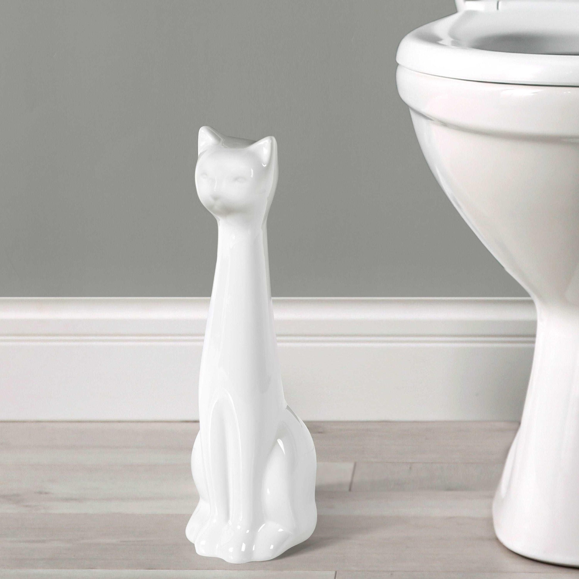 Cat 3-Piece Ceramic Toilet Brush Holder, Plastic Brush and Soap/Lotion Dispenser Set-White - Allure Home Creation