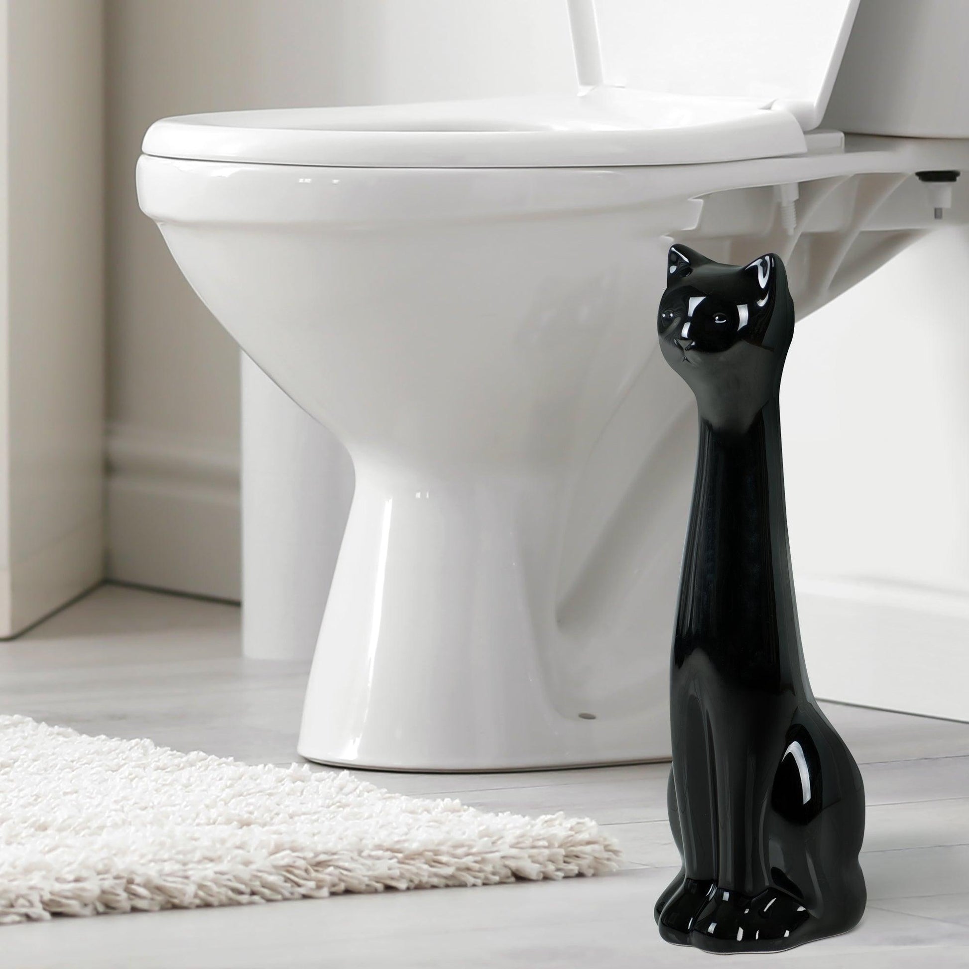 Cat 2-Piece Ceramic Toilet Brush Holder with Plastic Brush Set - Black - Allure Home Creation