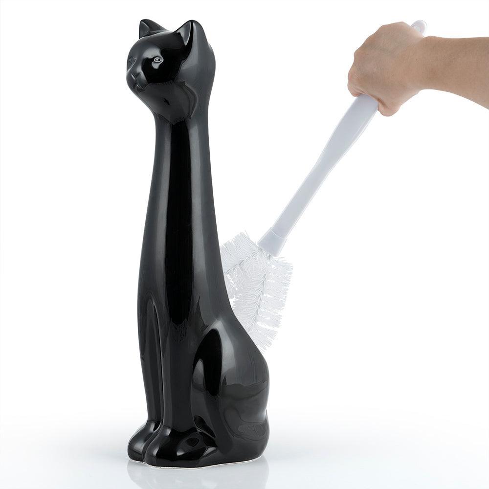 Cat 3-Piece Ceramic Toilet Brush Holder, Plastic Brush and Soap/Lotion Dispenser Set-Black - Allure Home Creation