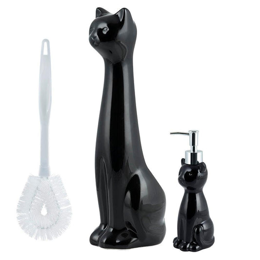 Cat 3-Piece Ceramic Toilet Brush Holder, Plastic Brush and Soap/Lotion Dispenser Set-Black - Allure Home Creation