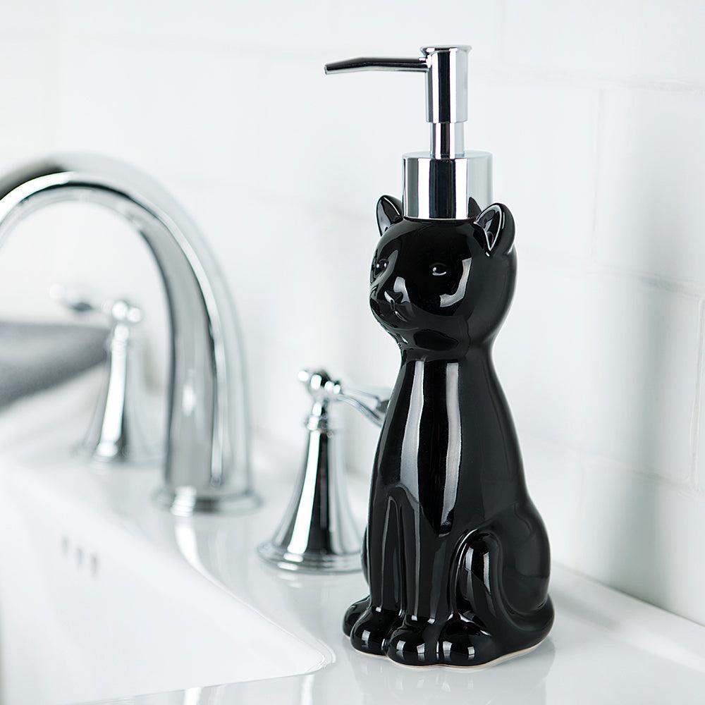 Cat 3-Piece Ceramic Toilet Brush Holder, Plastic Brush and Soap/Lotion Dispenser Set-Black - Allure Home Creation
