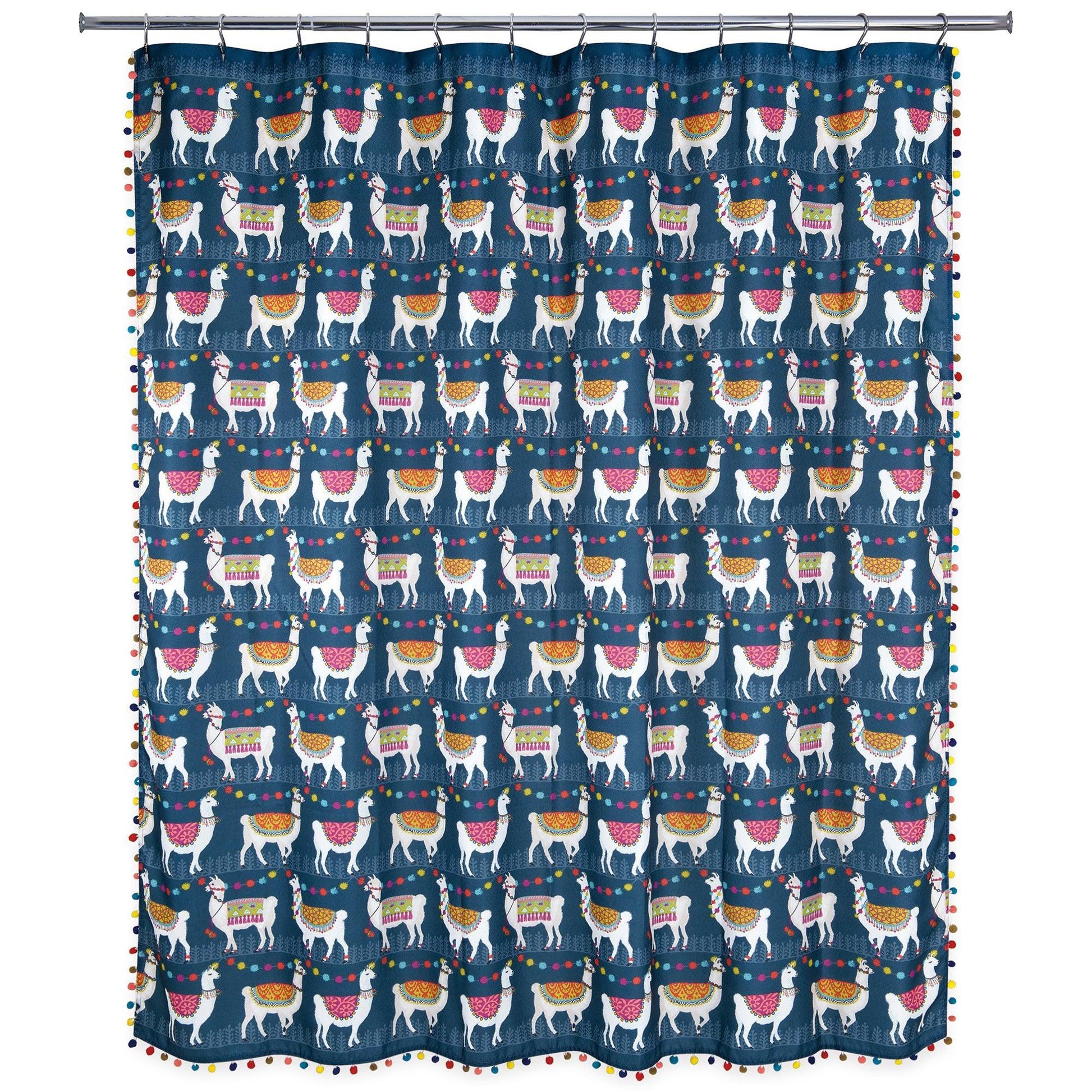 Llamas Shower Curtain With Navy Pom Poms - Allure Home Creation