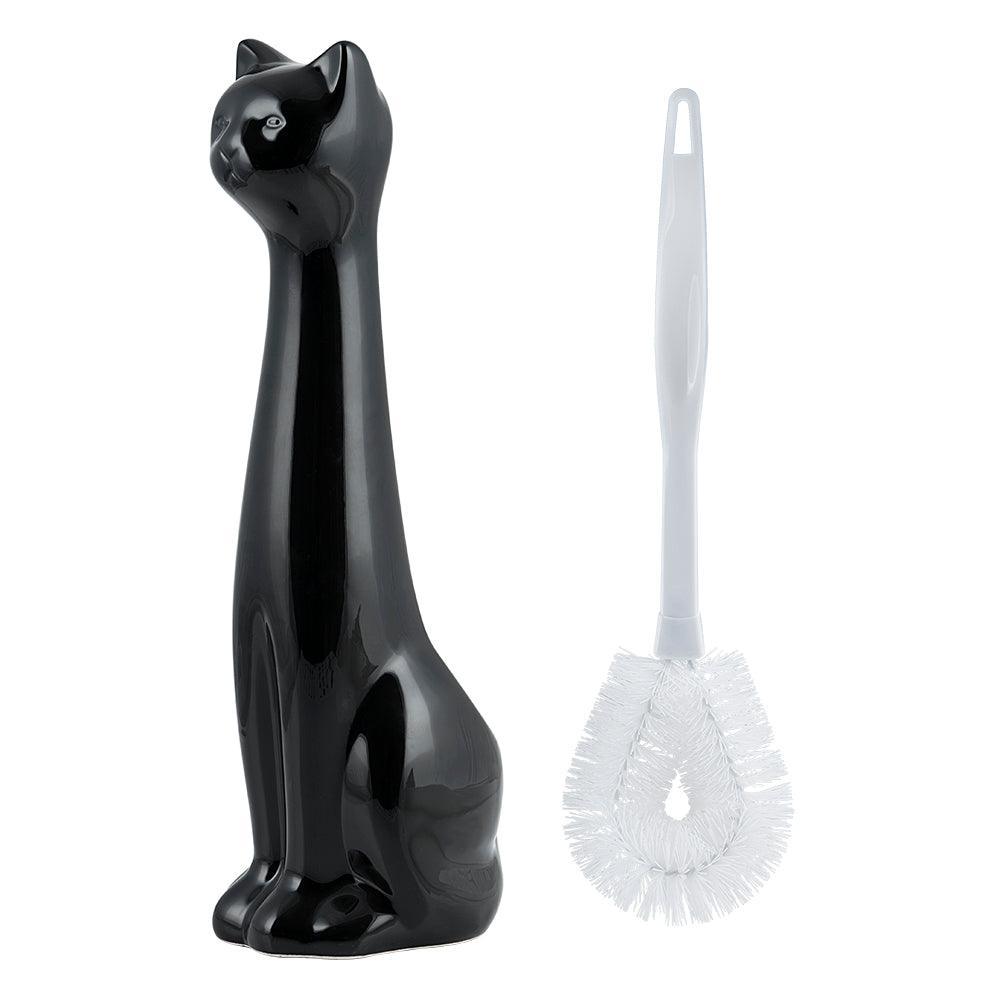 Cat 3-Piece Ceramic Toilet Brush Holder, Plastic Brush and Soap/Lotion Dispenser Set-Black - Allure Home Creation