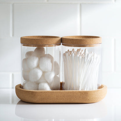 Two Clear Round Plastic Canisters With Cork Lids and One Cork Oval Tray Set - Allure Home Creation