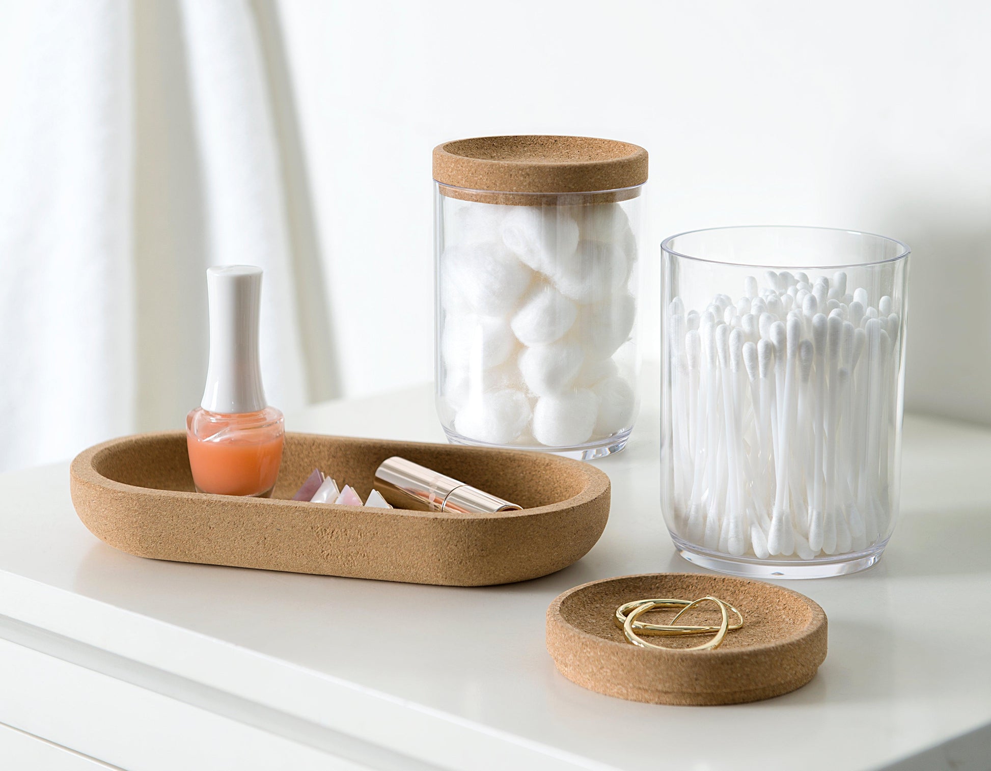 Two Clear Round Plastic Canisters With Cork Lids and One Cork Oval Tray Set - Allure Home Creation